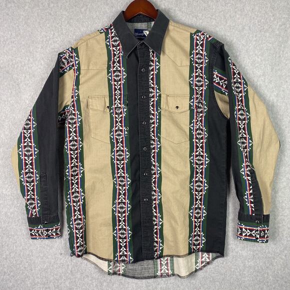 VTG Wrangler Western Shirt Mens L Aztec Print Brushpopper Long Sleeve Pearl Snap - Picture 1 of 8